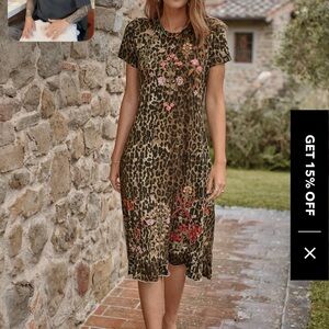 FARM Rio Brown Leopard Midi Dress with Multicolor Floral Embroidery
